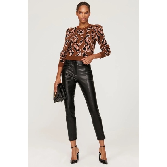 DEREK LAM Collective Brown Animal Print Sweater Leopard Puff Sleeves Large - Picture 1 of 15